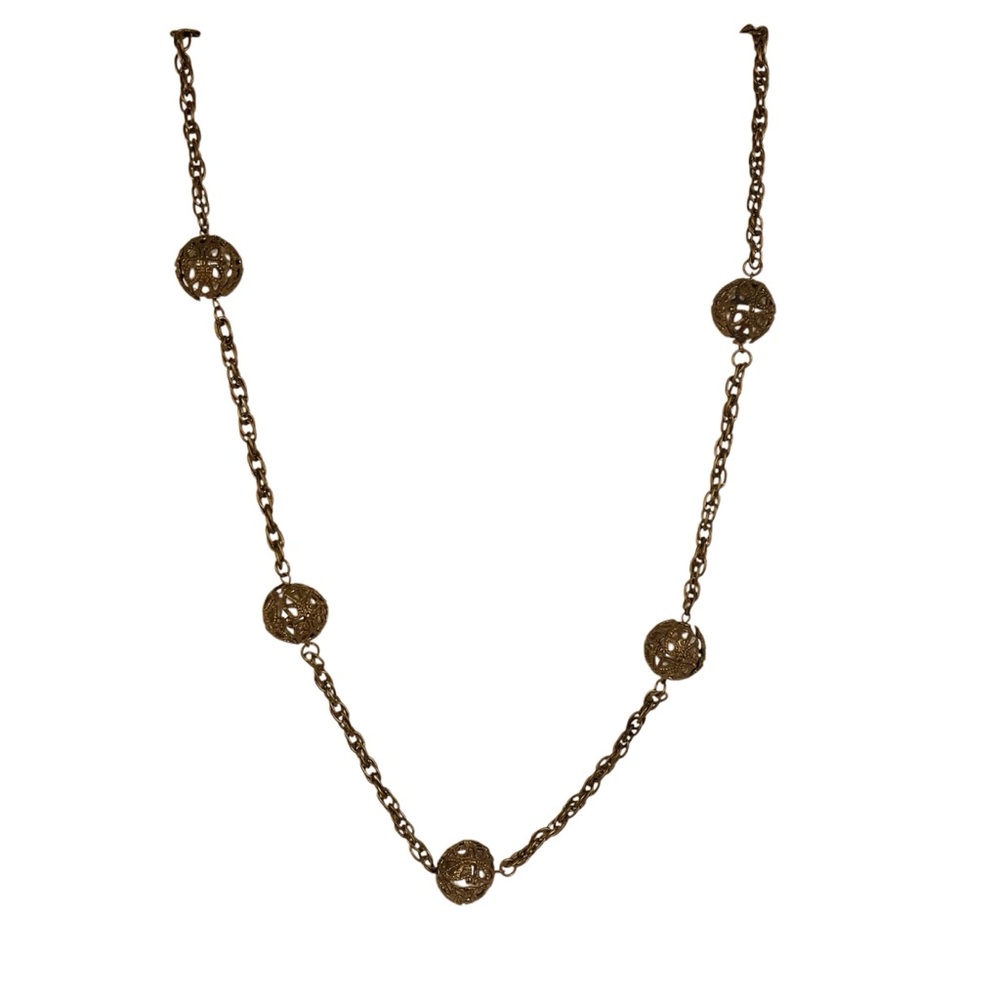 Vintage Filigree Faux Pearl Station Necklace Mid Century Brass Tone Jewelry